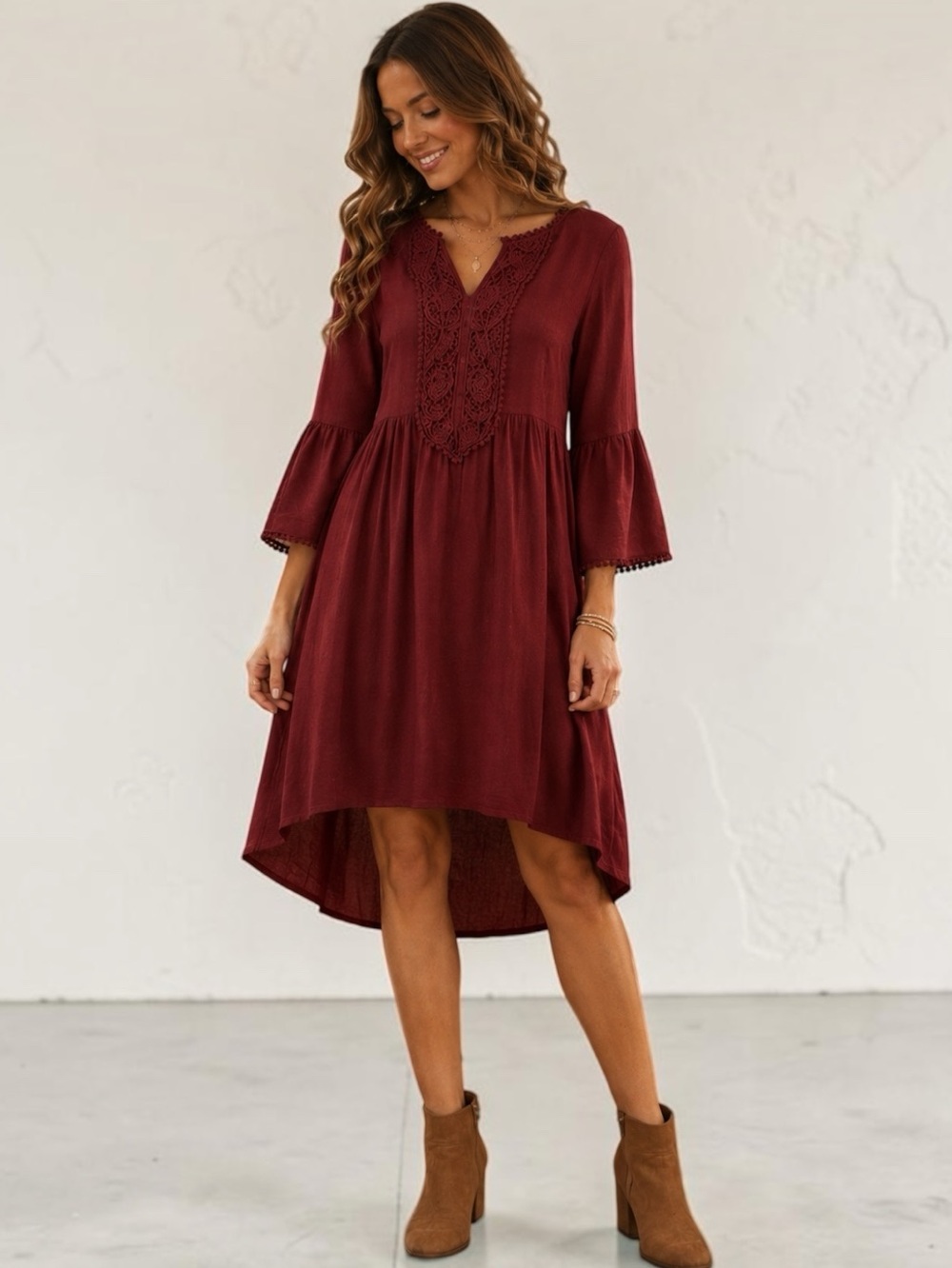 Knox Rose Burgundy Boho Western Lace Bell Sleeve High Low Dress S